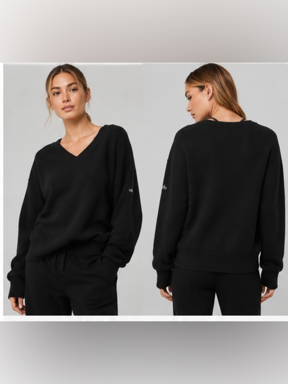 Alo Yoga Wool Cashmere New Class Oversized V-Neck Sweater Black SzSmall - Picture 3 of 8